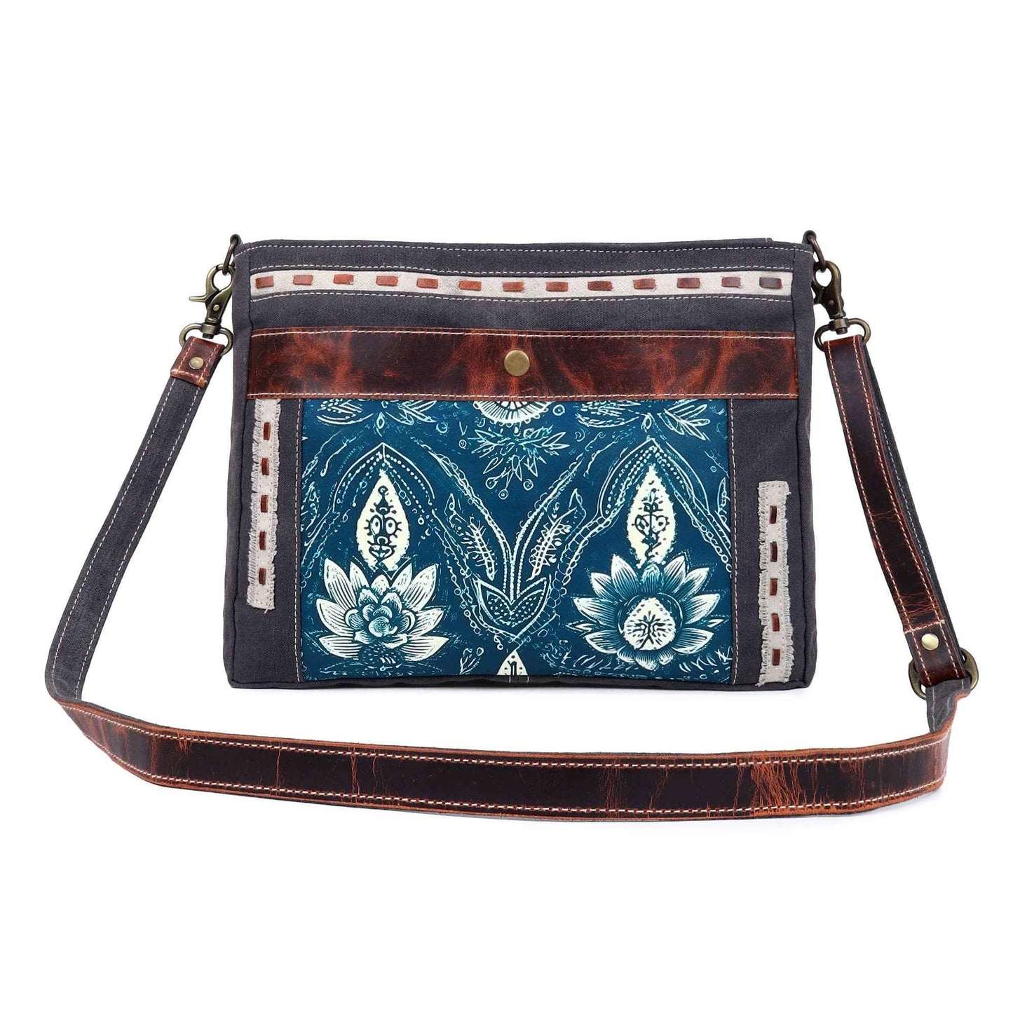 Canvas & Leather Shoulder Bag - Indigo Print