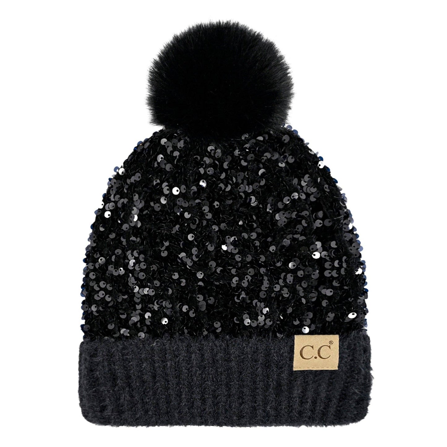 CC Sequin Fur Pom Beanie