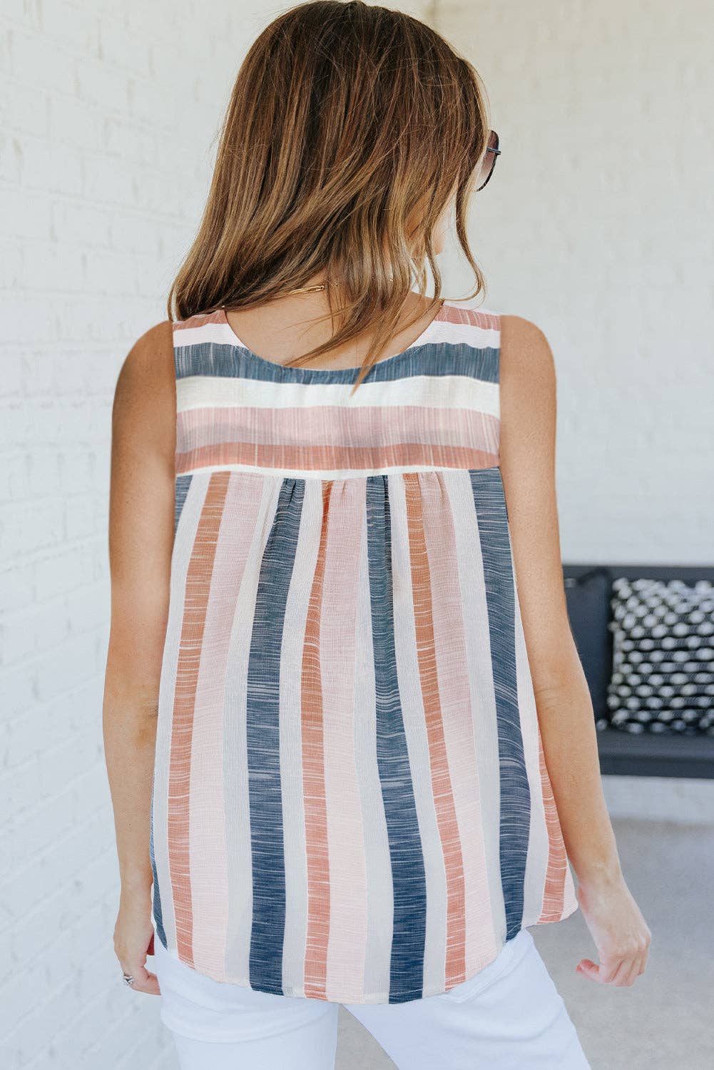 Split V Neck Striped Tank