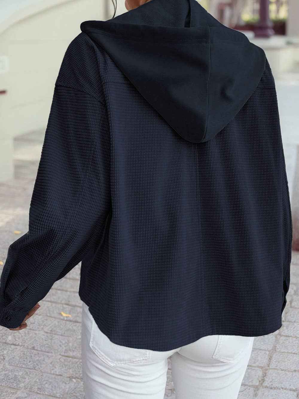 1 the Woman - Solid Color Contrast Textured Patchwork Flap Pocket Shacket