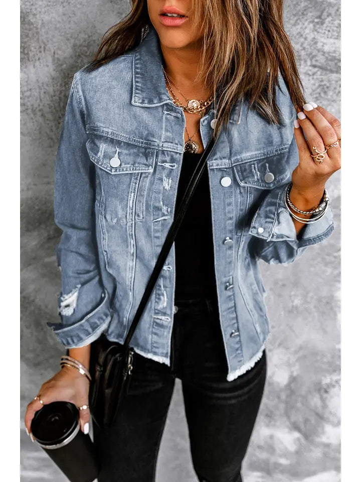Denim Distressed Raw Hem Jacket