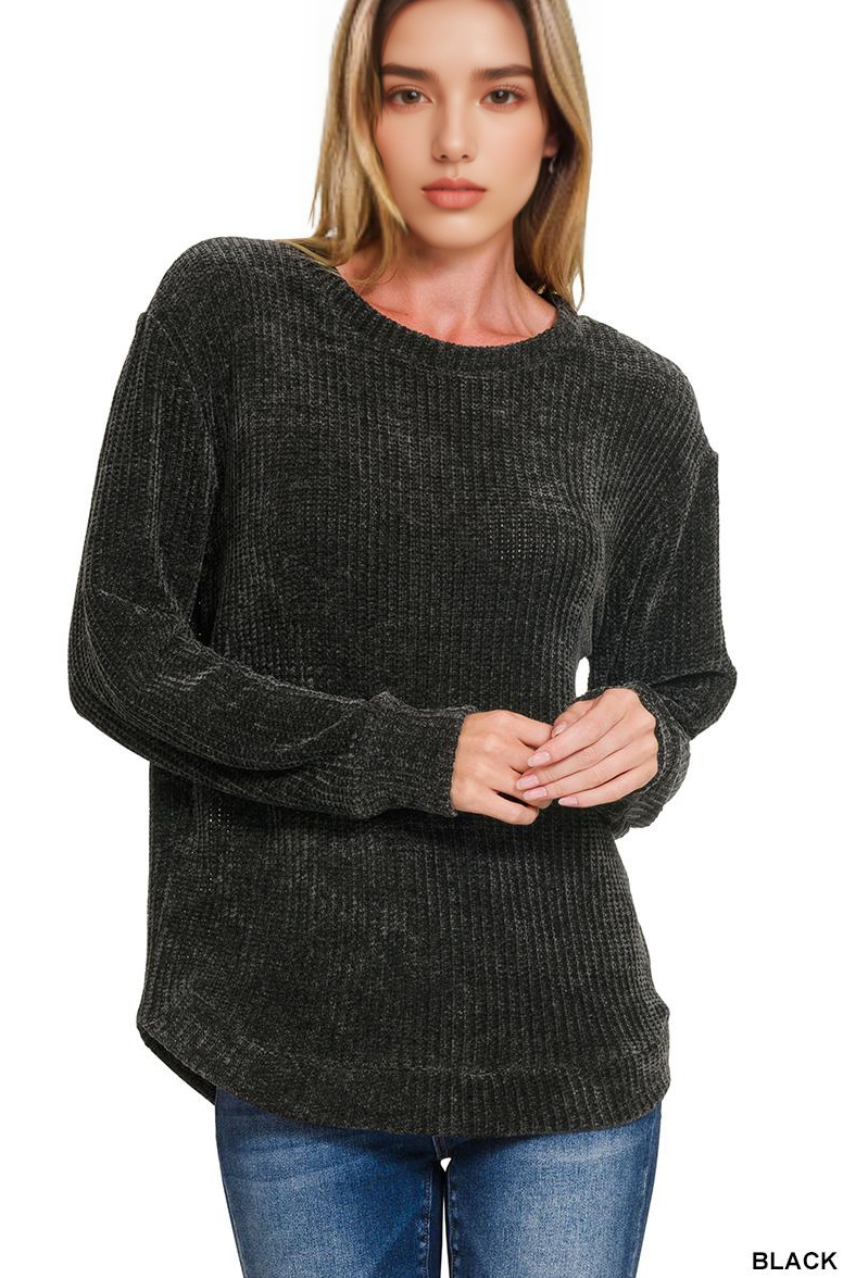 Waffle Round Neck Sweater - Threads Boutique