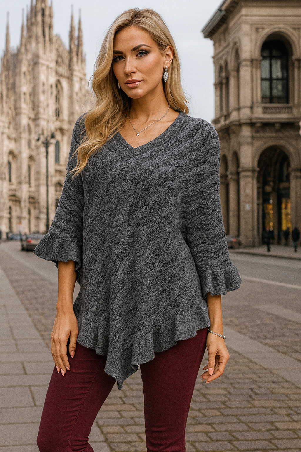 Gray Wave Knit Poncho