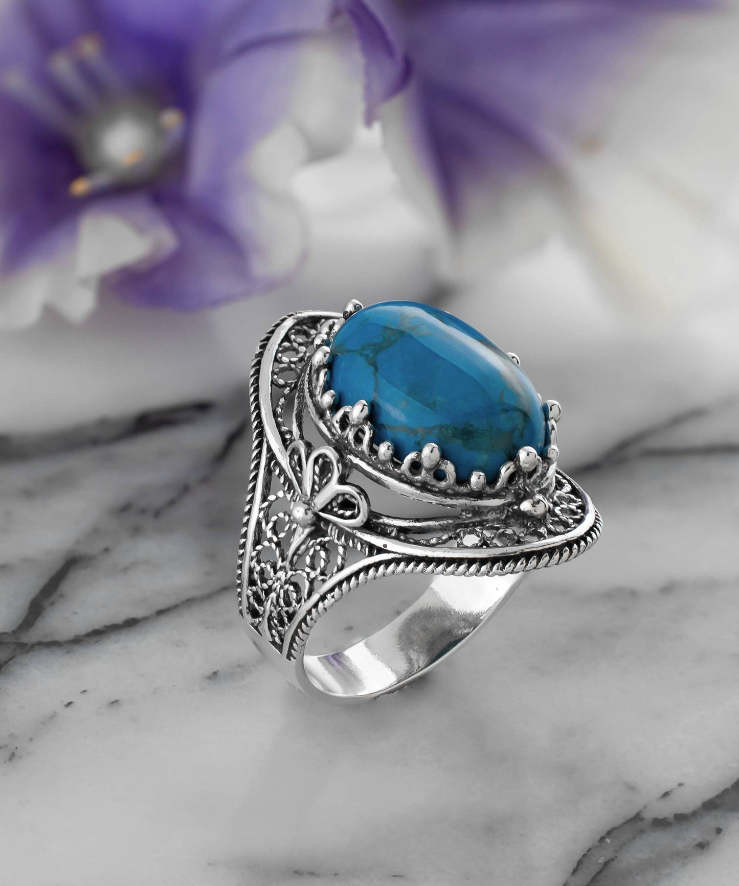 Filigree Art Turquoise Gemstone Sterling Silver Ring