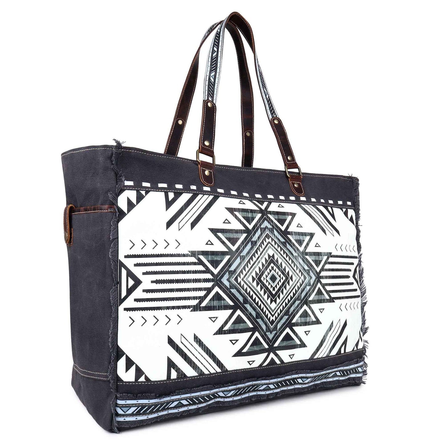 Canvas & Leather Weekender Bag - Black/White