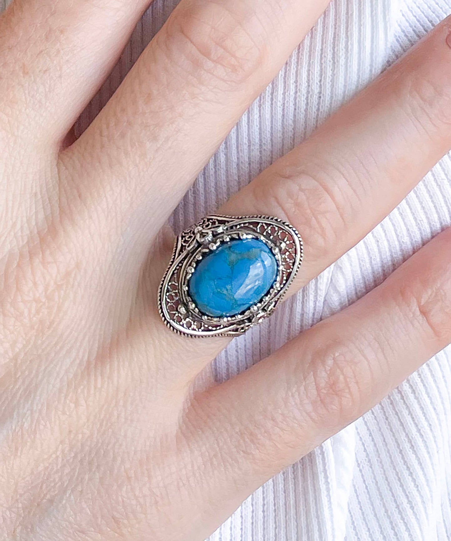Filigree Art Turquoise Gemstone Sterling Silver Ring