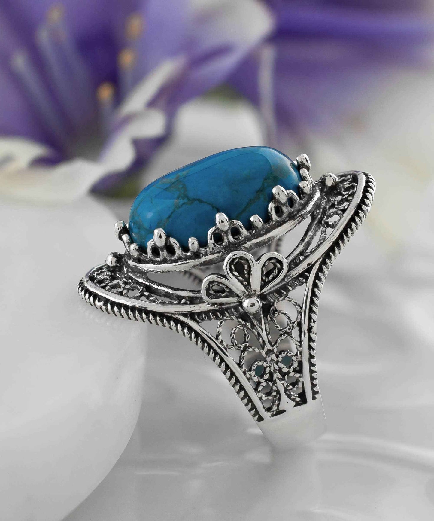 Filigree Art Turquoise Gemstone Sterling Silver Ring
