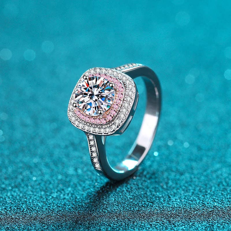 Pink Halo Moissanite Ring in 925 Sterling Silver