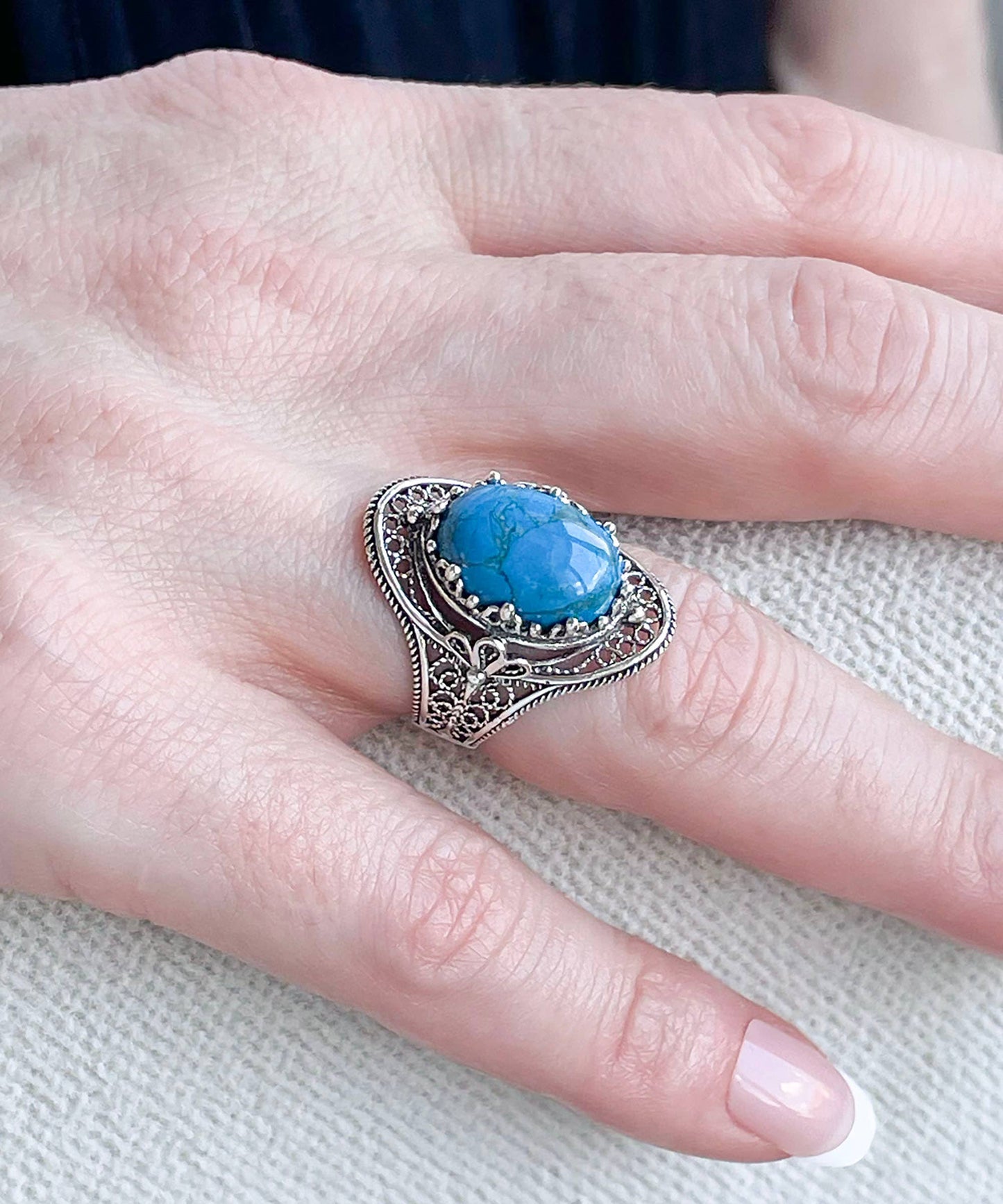 Filigree Art Turquoise Gemstone Sterling Silver Ring