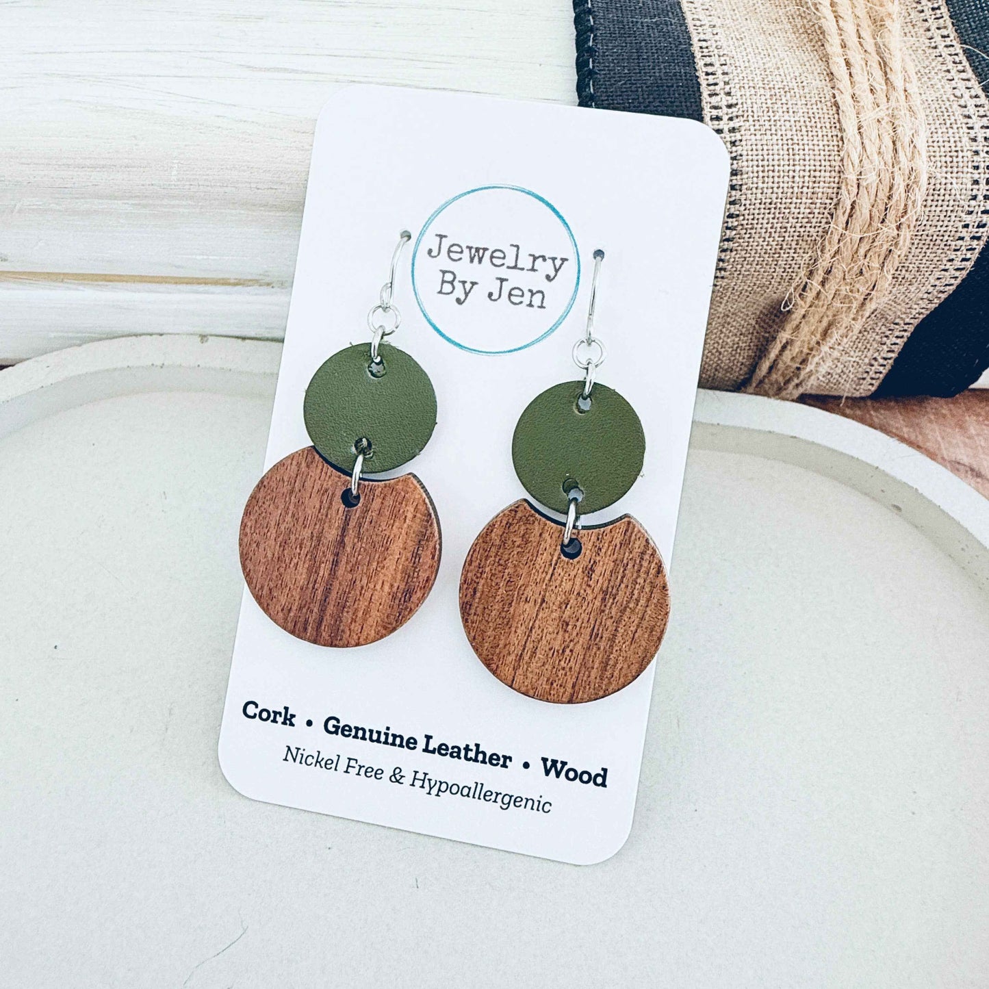 Jewelry By Jen - Round Wood & Army Green Earrings