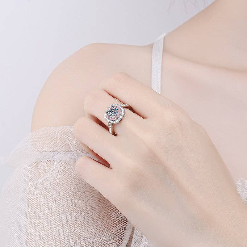 Pink Halo Moissanite Ring in 925 Sterling Silver