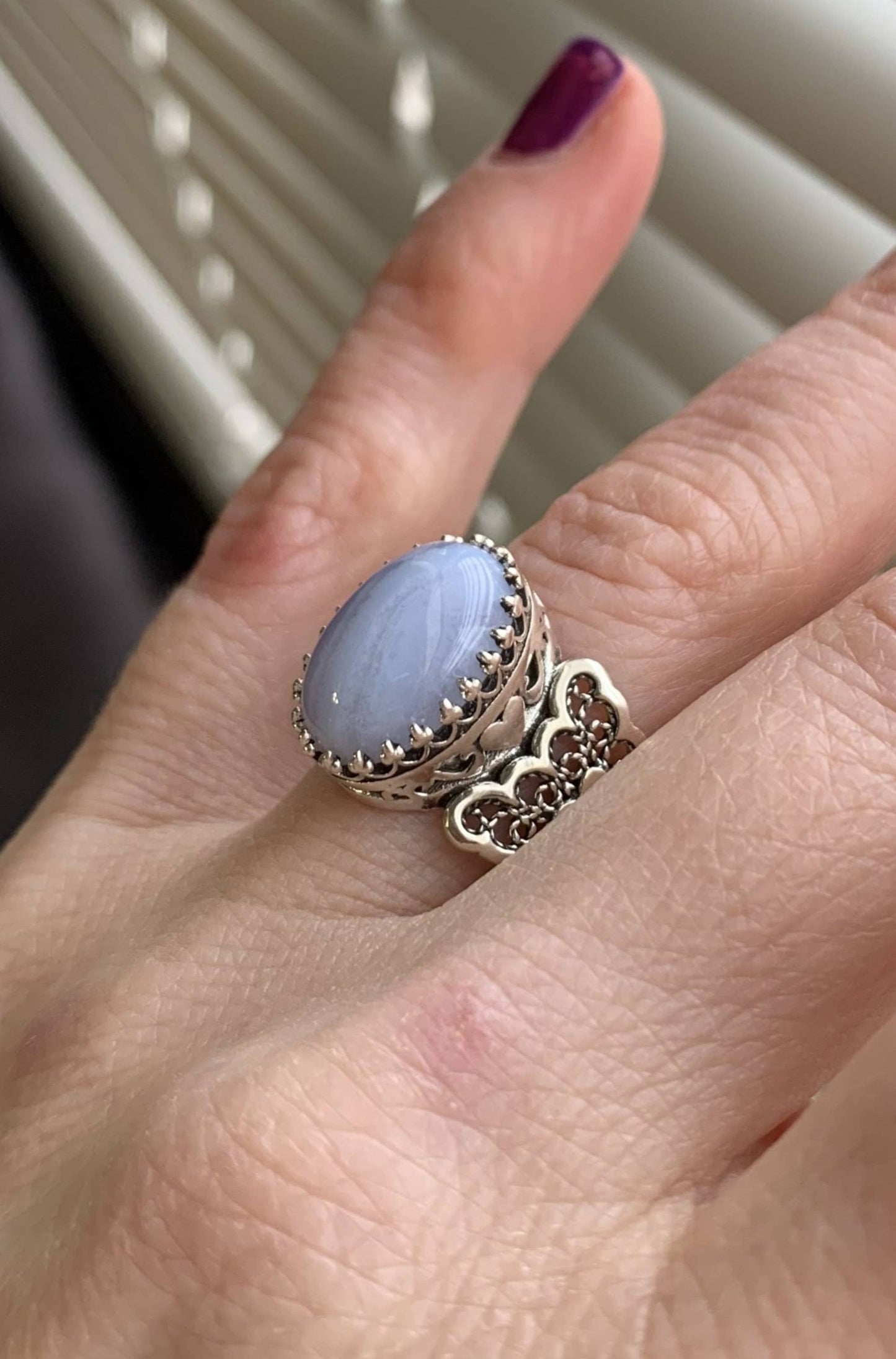Filigree Art Double Heart Blue Lace Agate Gemstone Silver Ring