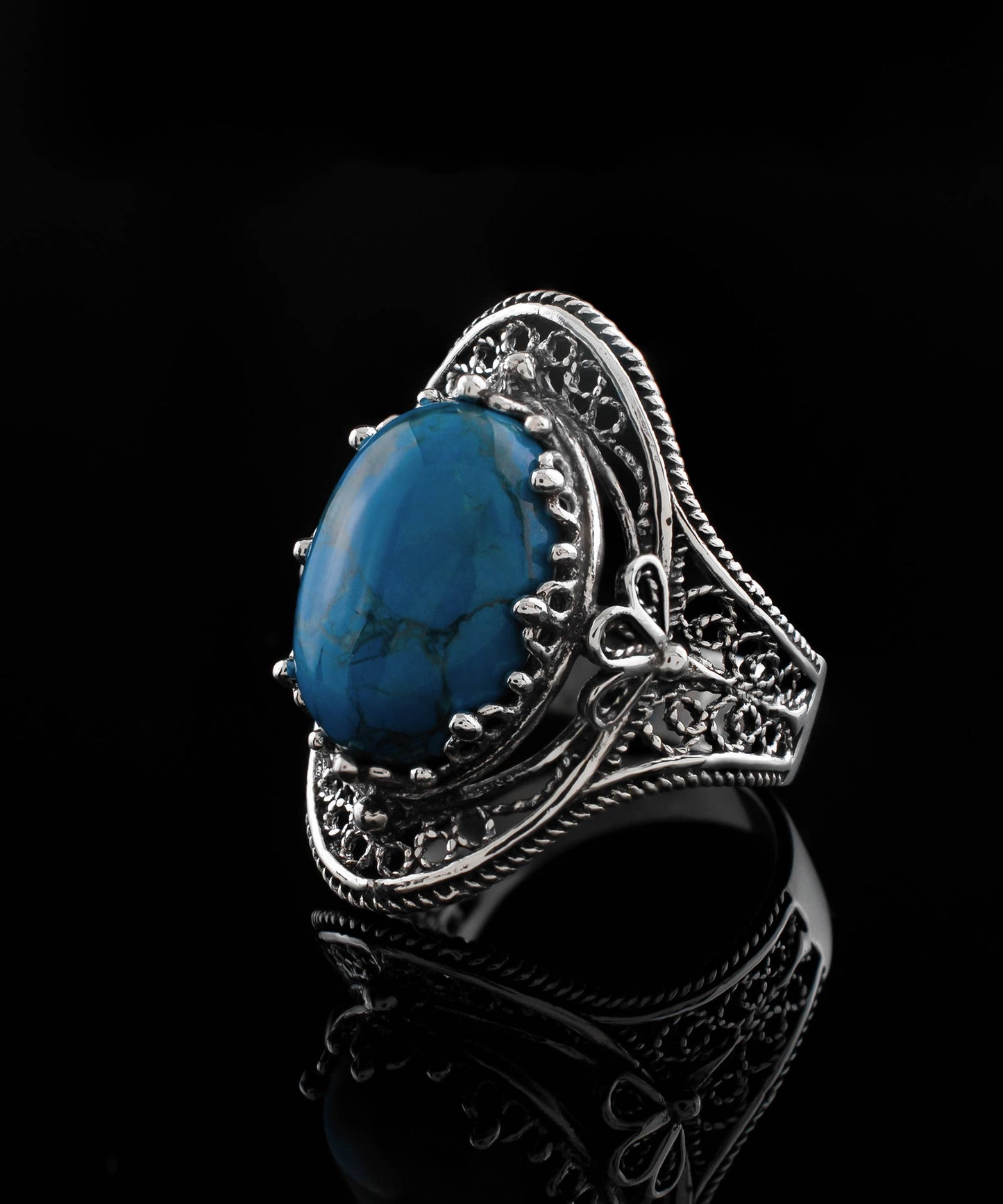 Filigree Art Turquoise Gemstone Sterling Silver Ring