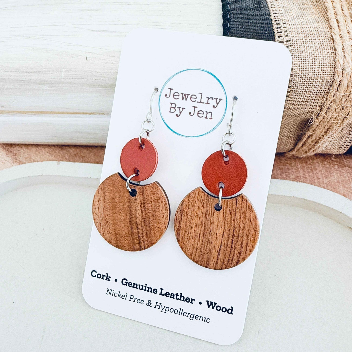 Jewelry By Jen - Round Wood & Rust Earrings
