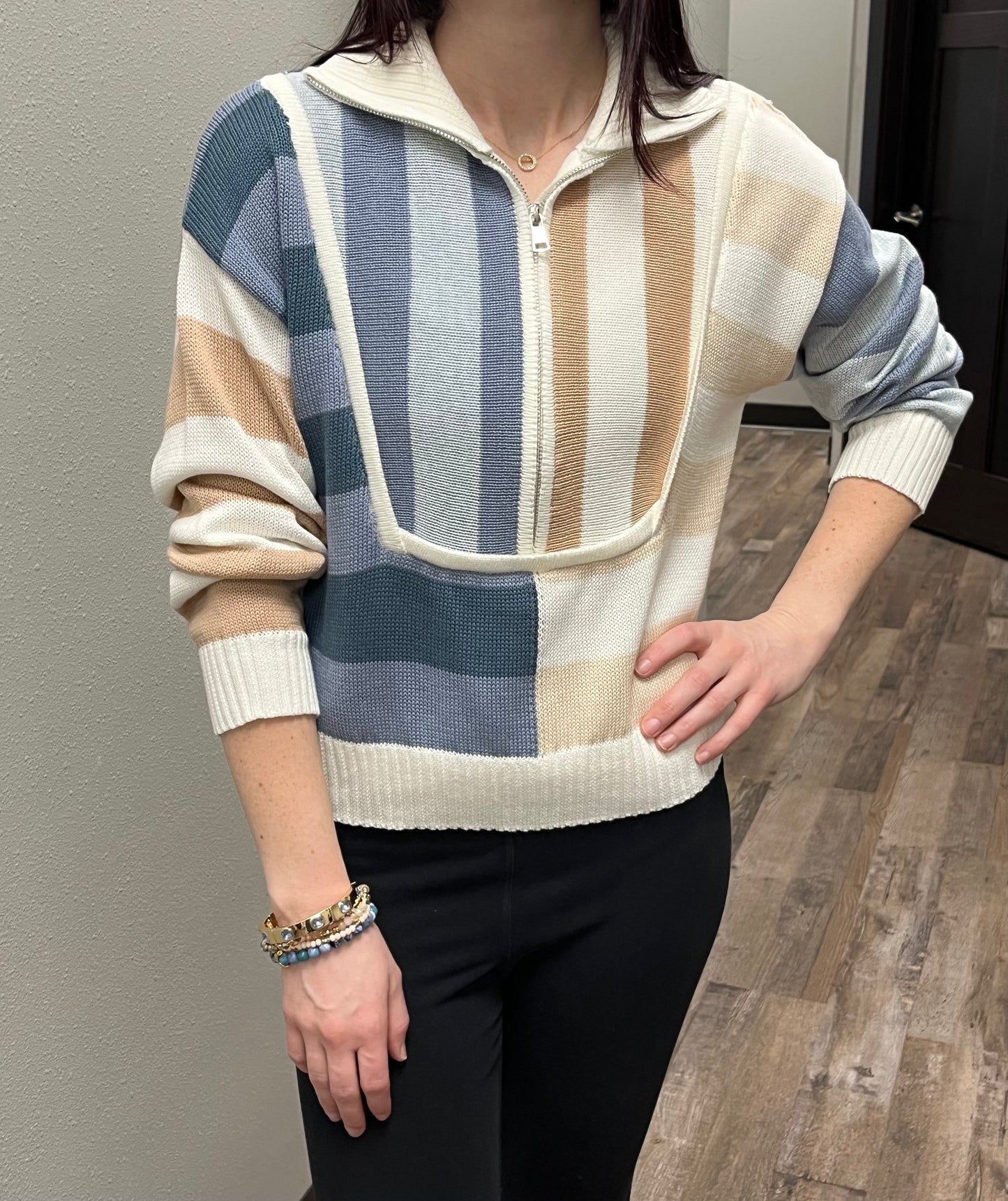 Colorblock Striped Zipped Neck Sweater