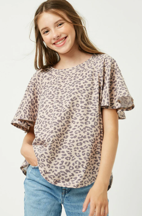Girls Leopard Print Drop Shoulder Terry Tee