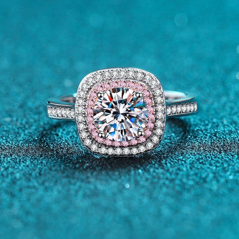 Pink Halo Moissanite Ring in 925 Sterling Silver