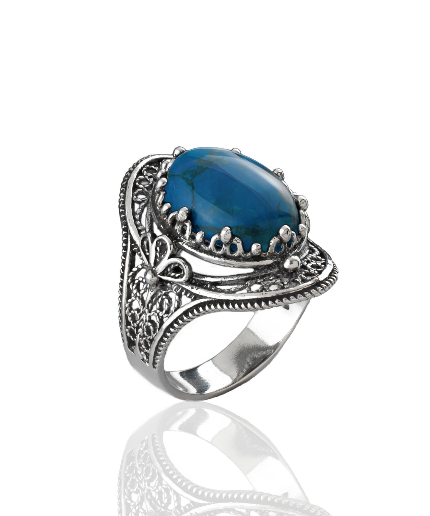 Filigree Art Turquoise Gemstone Sterling Silver Ring