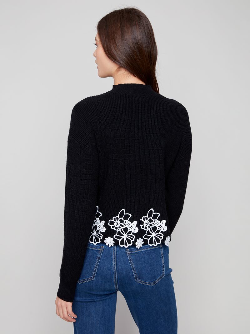 Mock Neck Sweater Embroidered Hem