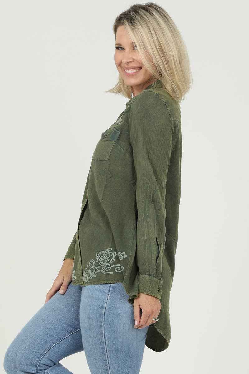 Embroidered Hi Lo Button Up