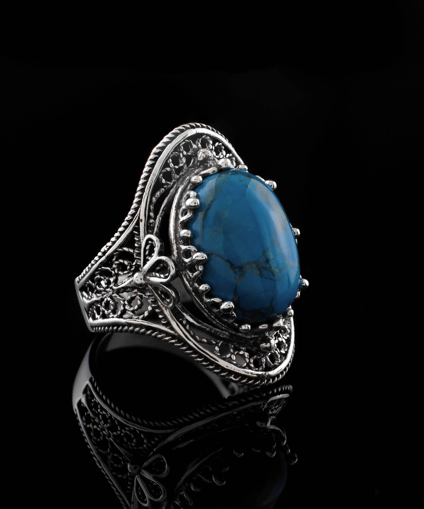 Filigree Art Turquoise Gemstone Sterling Silver Ring