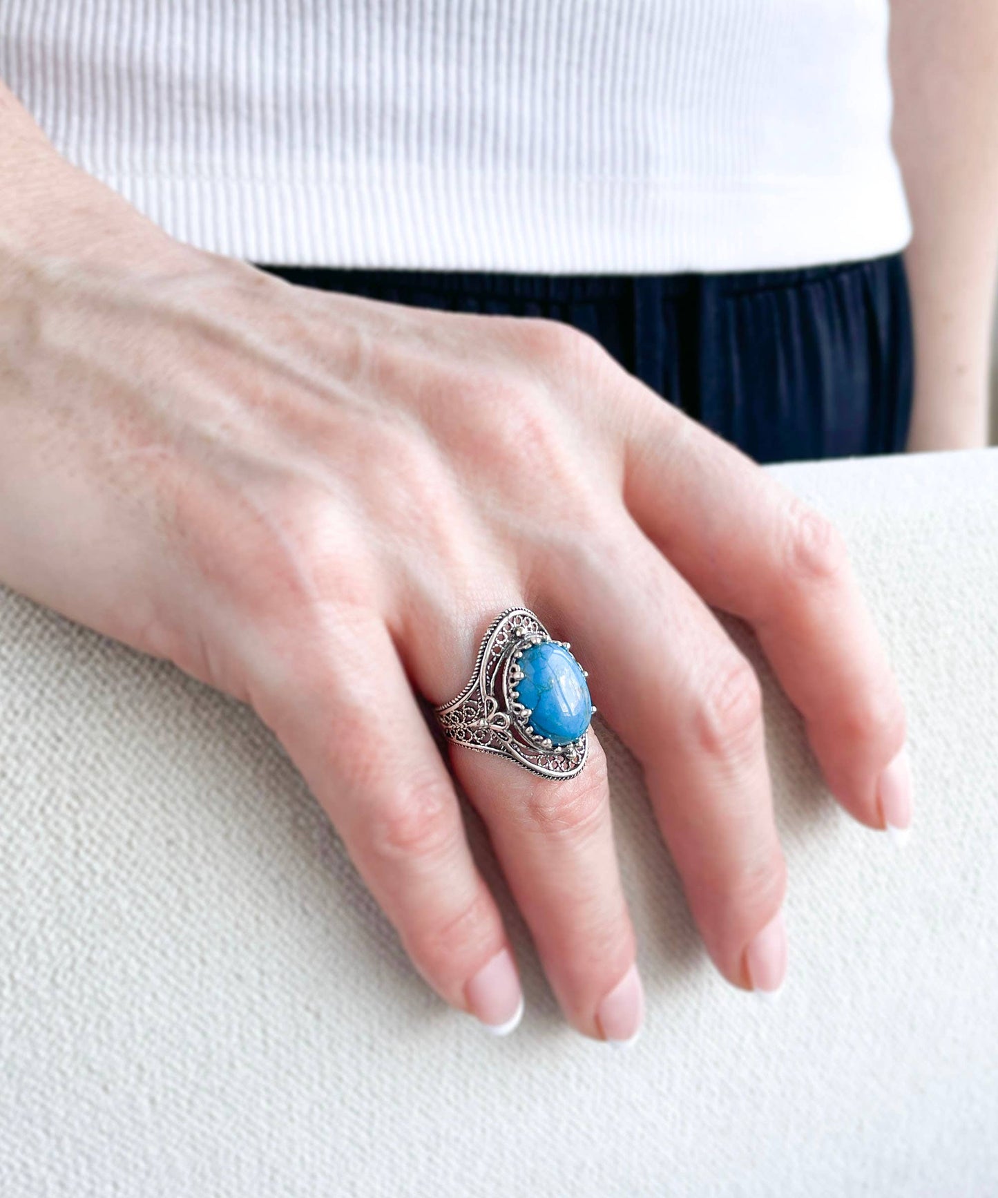 Filigree Art Turquoise Gemstone Sterling Silver Ring