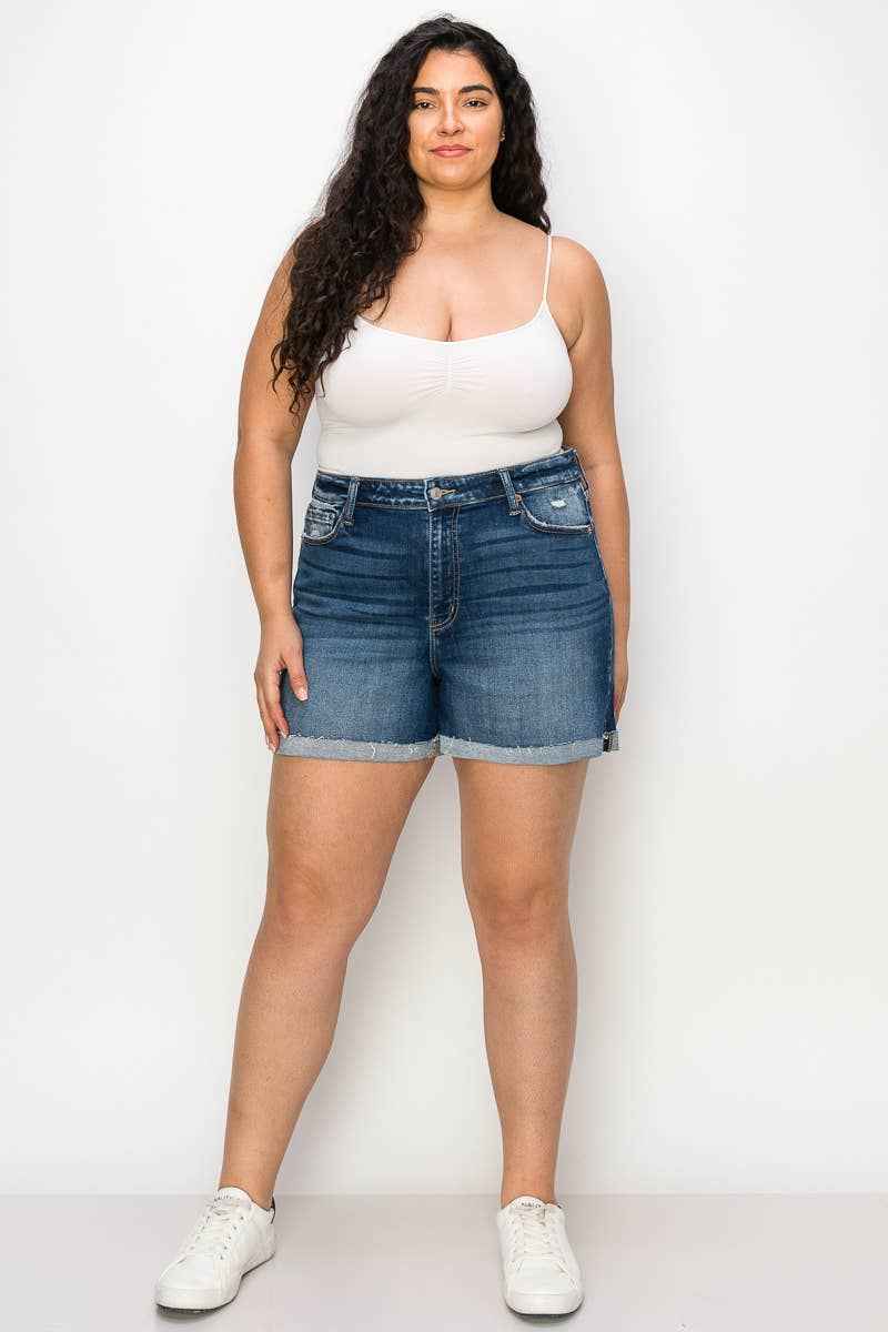 PLUS SIZE - HIGH RISE STRETCH MIDI CUFF SHORT