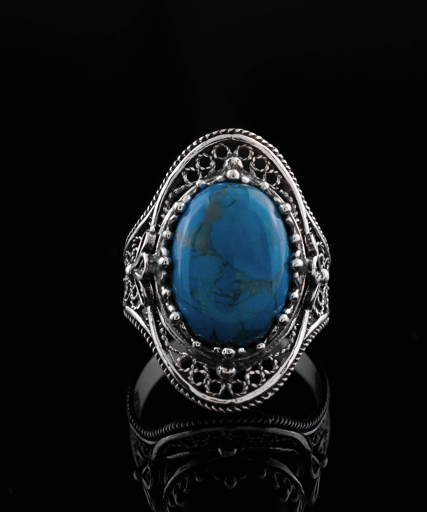 Filigree Art Turquoise Gemstone Sterling Silver Ring