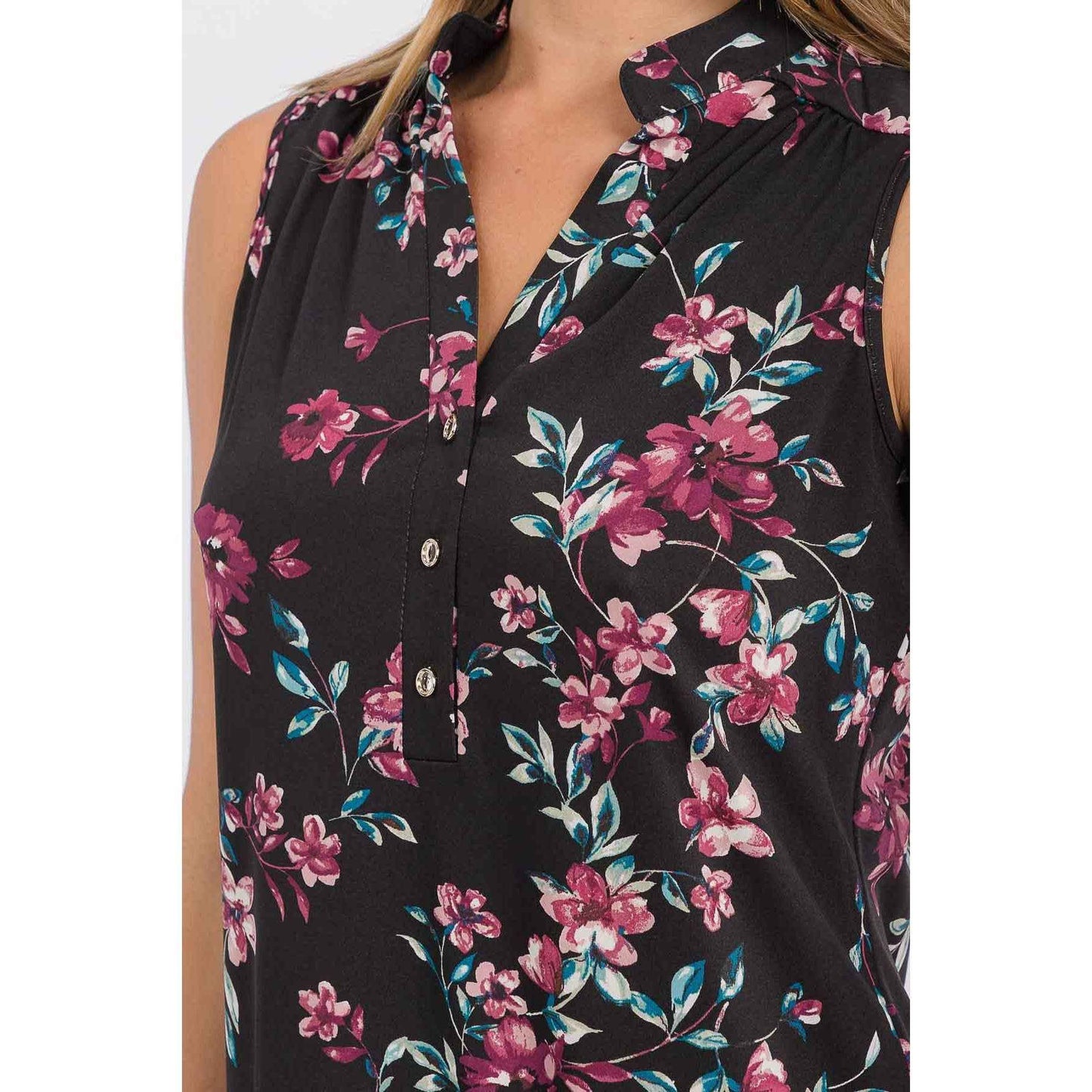 Perseption - FLORAL MANDARIN COLLAR V NECK SLEEVELESS SHIRT