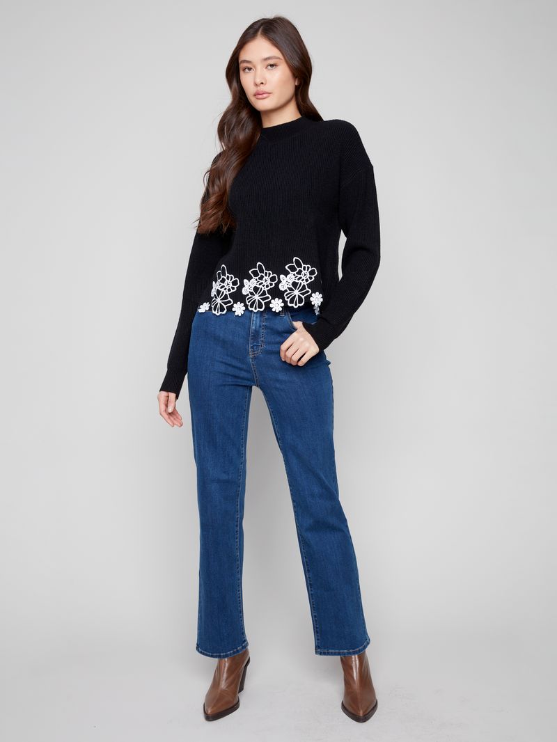 Mock Neck Sweater Embroidered Hem