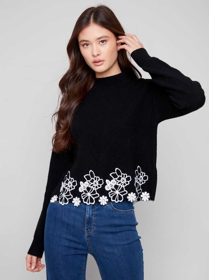 Mock Neck Sweater Embroidered Hem