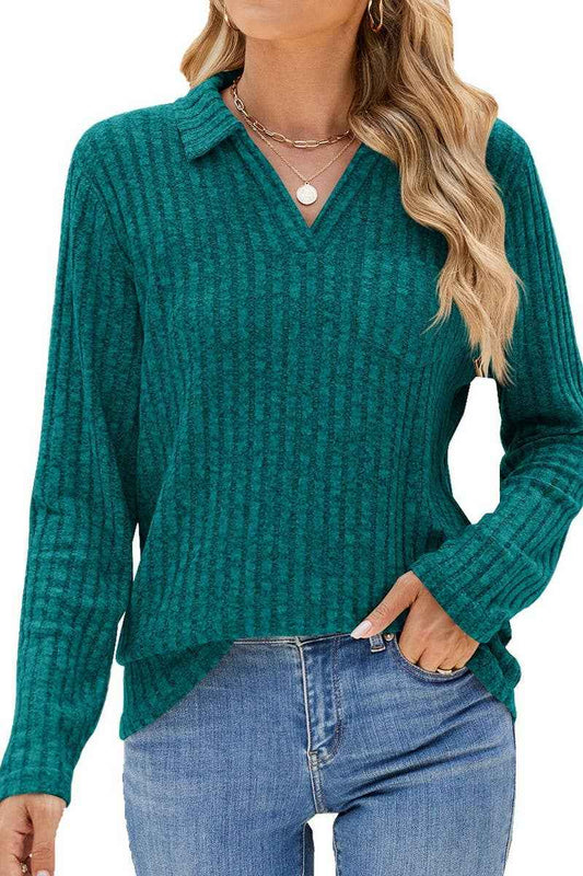 NINEXIS - CWTBLL01314_RIBBED KNIT POLO LONG SLEEVE LOOSE TEE