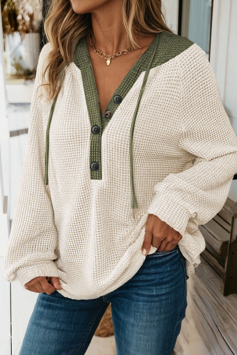 Waffle Contrast Hooded Pullover - Threads Boutique