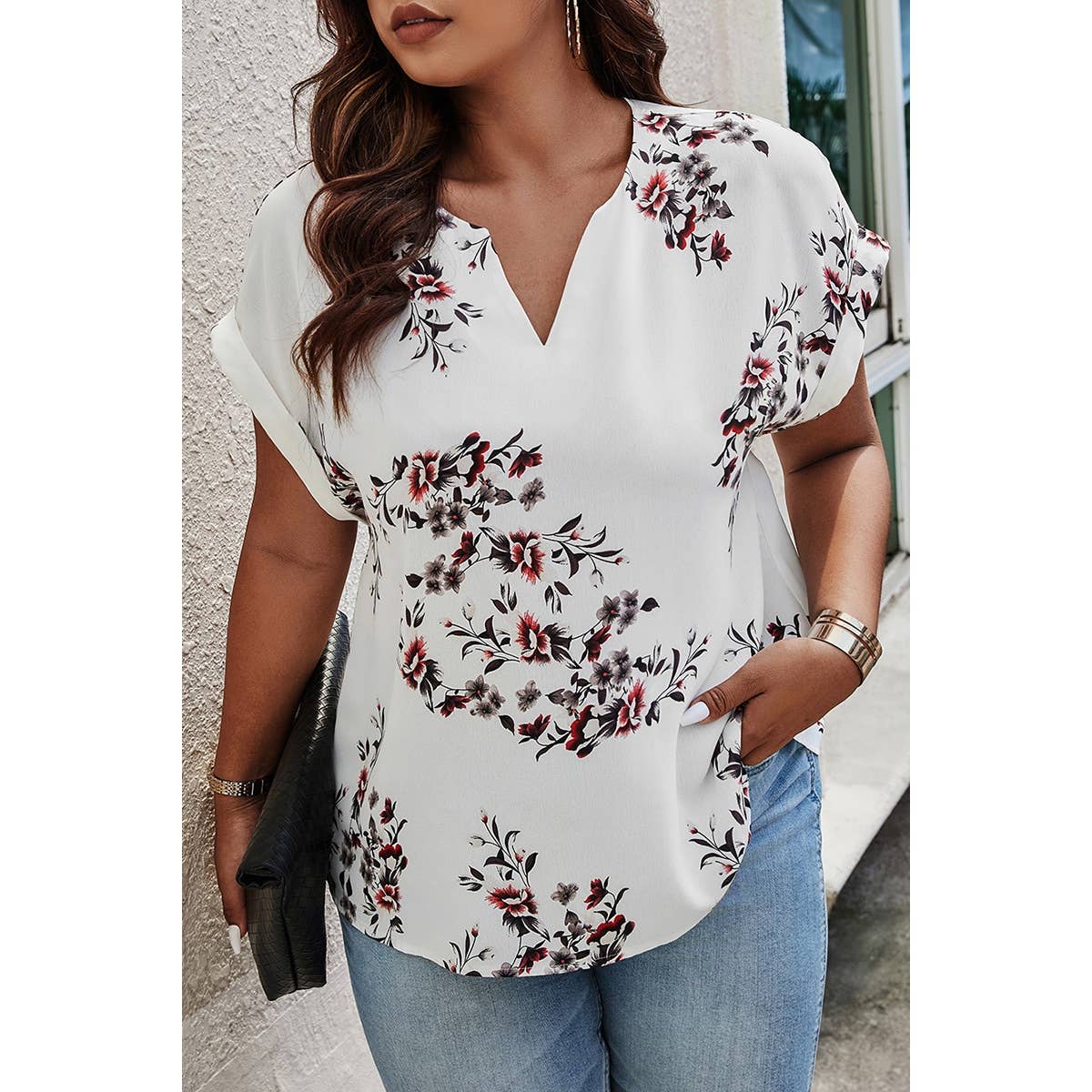 Plus Size Floral Print V Neck Loose Blouse