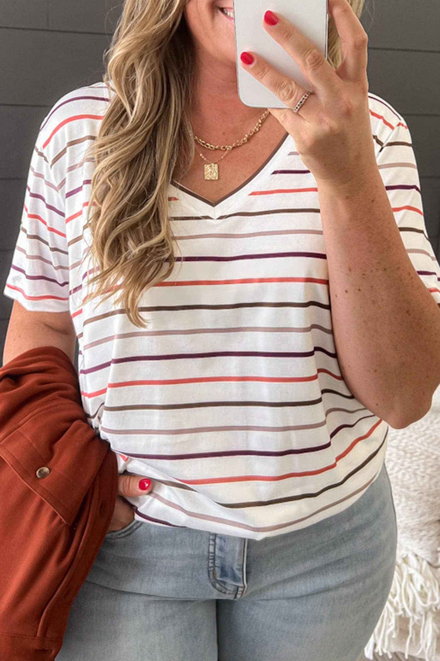White Stripe V Neck Casual Tee