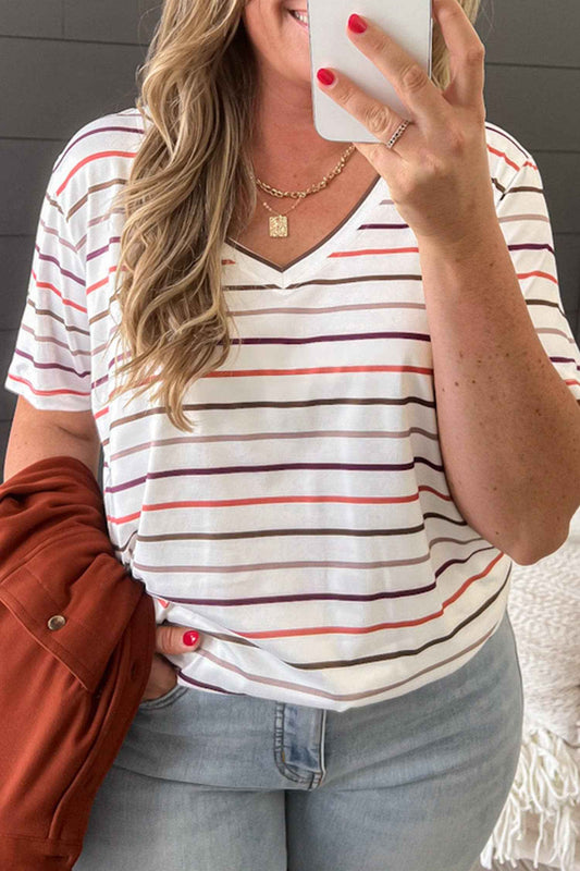 White Stripe V Neck Casual Tee