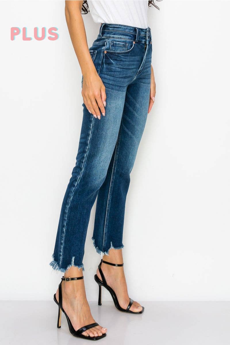 PLUS SIZE-HIGH RISE STRETCH DOUBLE WAIST BAND STRAIGHT JEANS