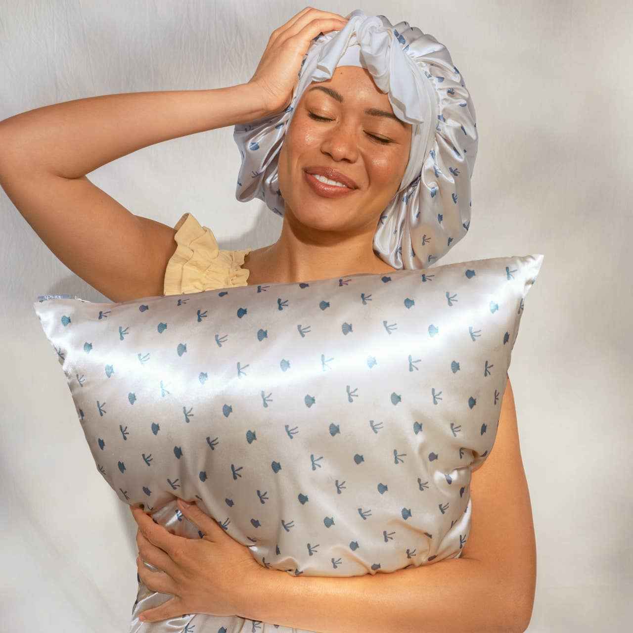 Pearlized Cream & Coastal Blue Print Satin Pillowcase