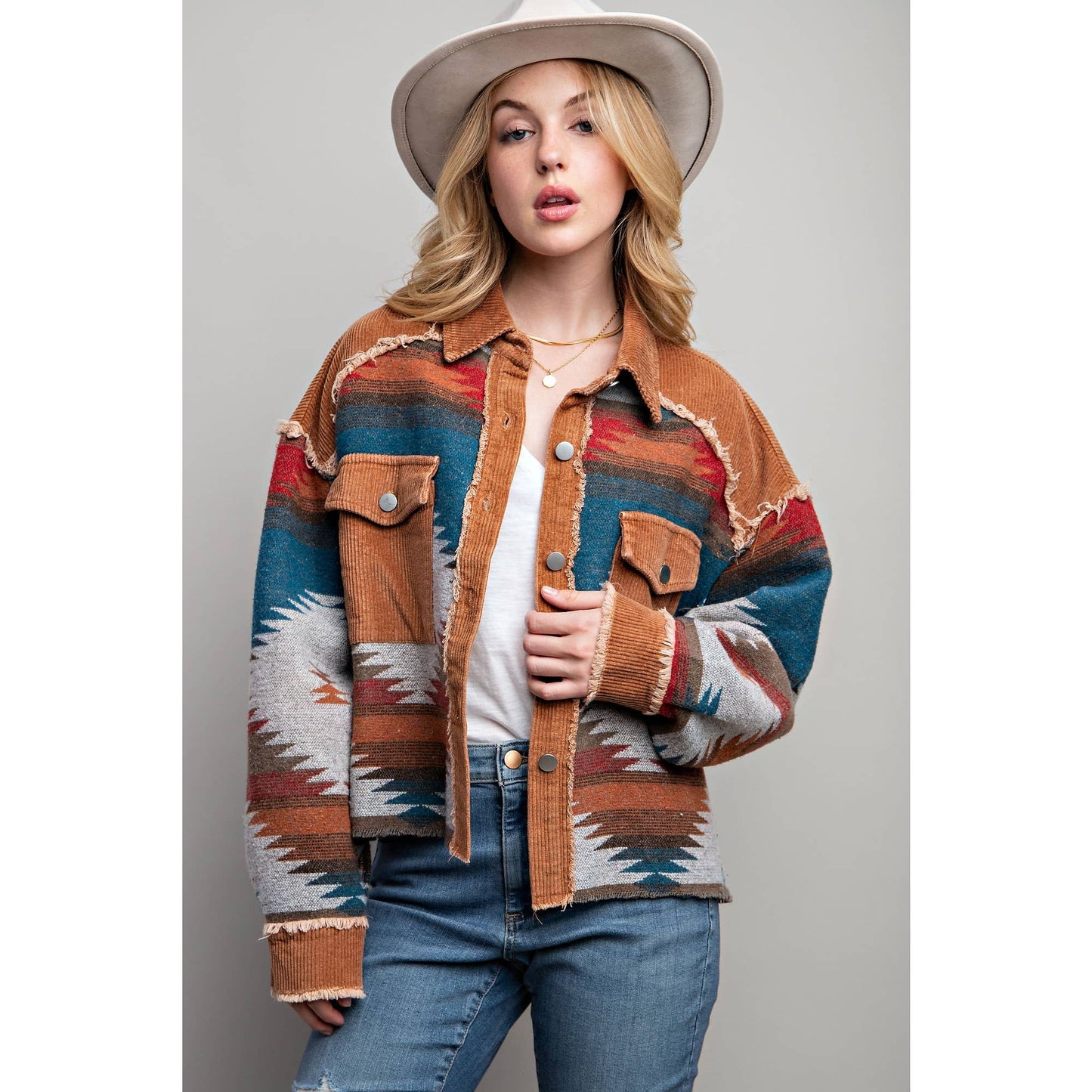 Tribal Pattern Colorblock Shacket