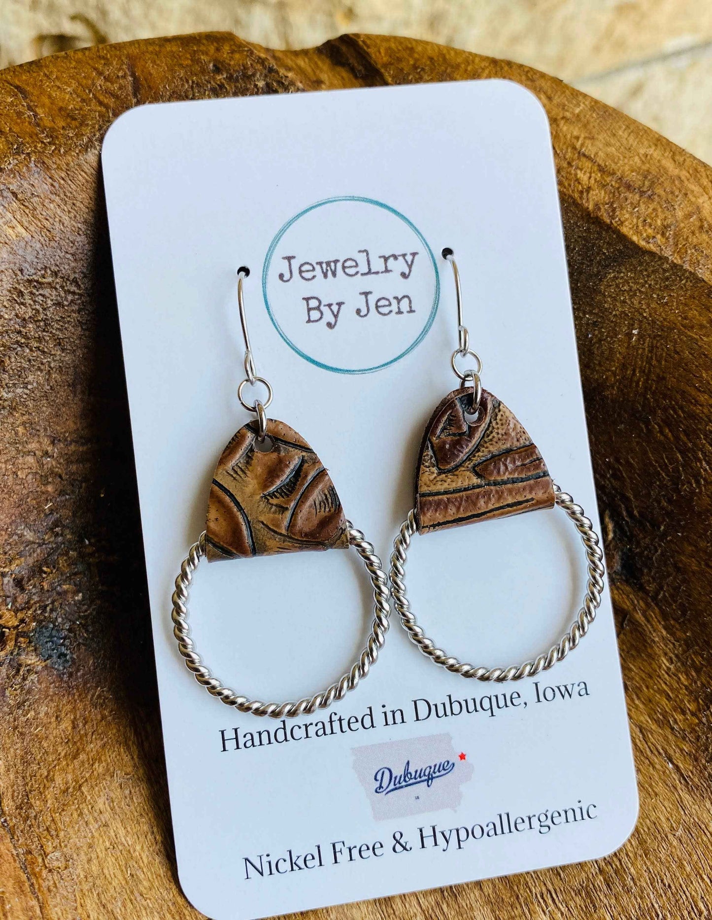 Jewelry By Jen - Twisted Hoop Earrings: Tooled Brown