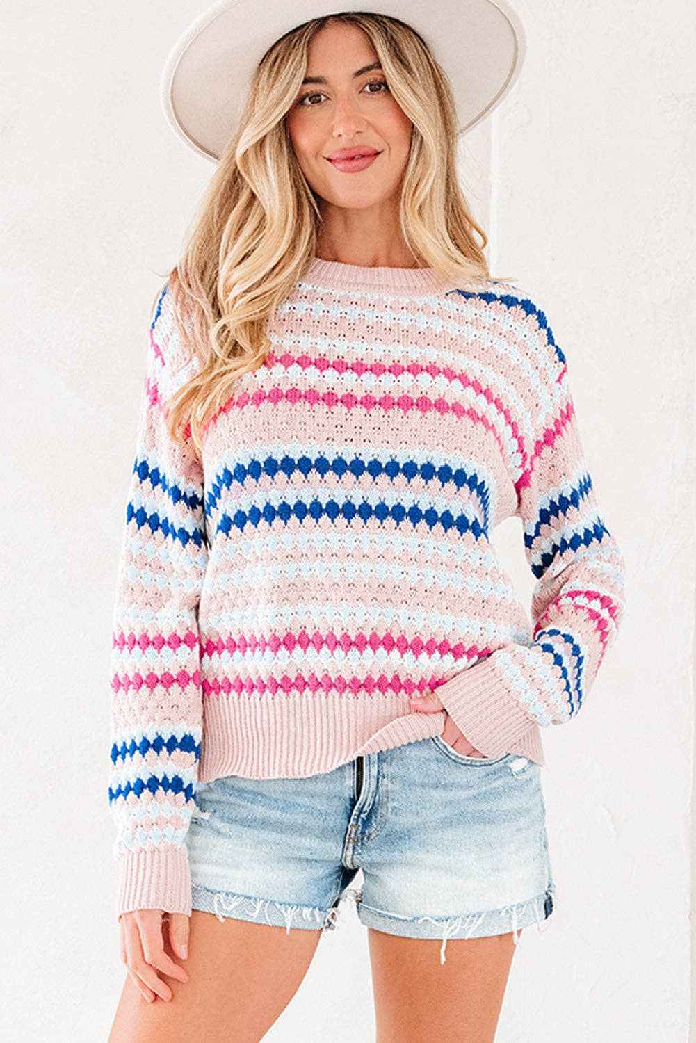 PRETTY BASH - Stripe Eyelet Knit Drop Shoulder Sweater