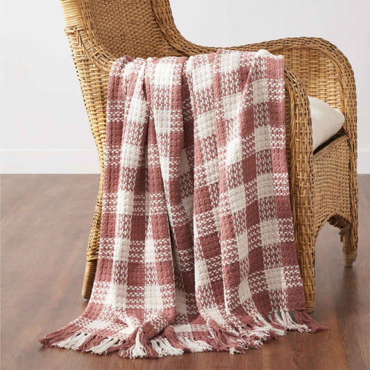 Dusty Rose Heritage Check Throw Blanket with Fringe 50x60