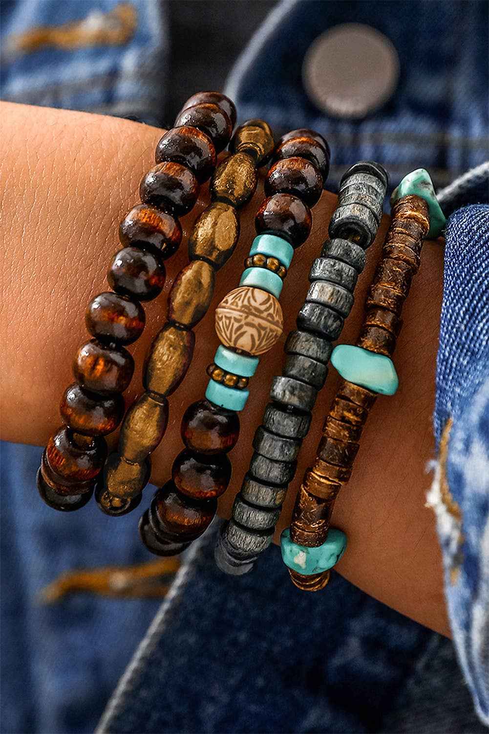 Boho Turquoise Wooden Beaded Multi Layer Bracelet