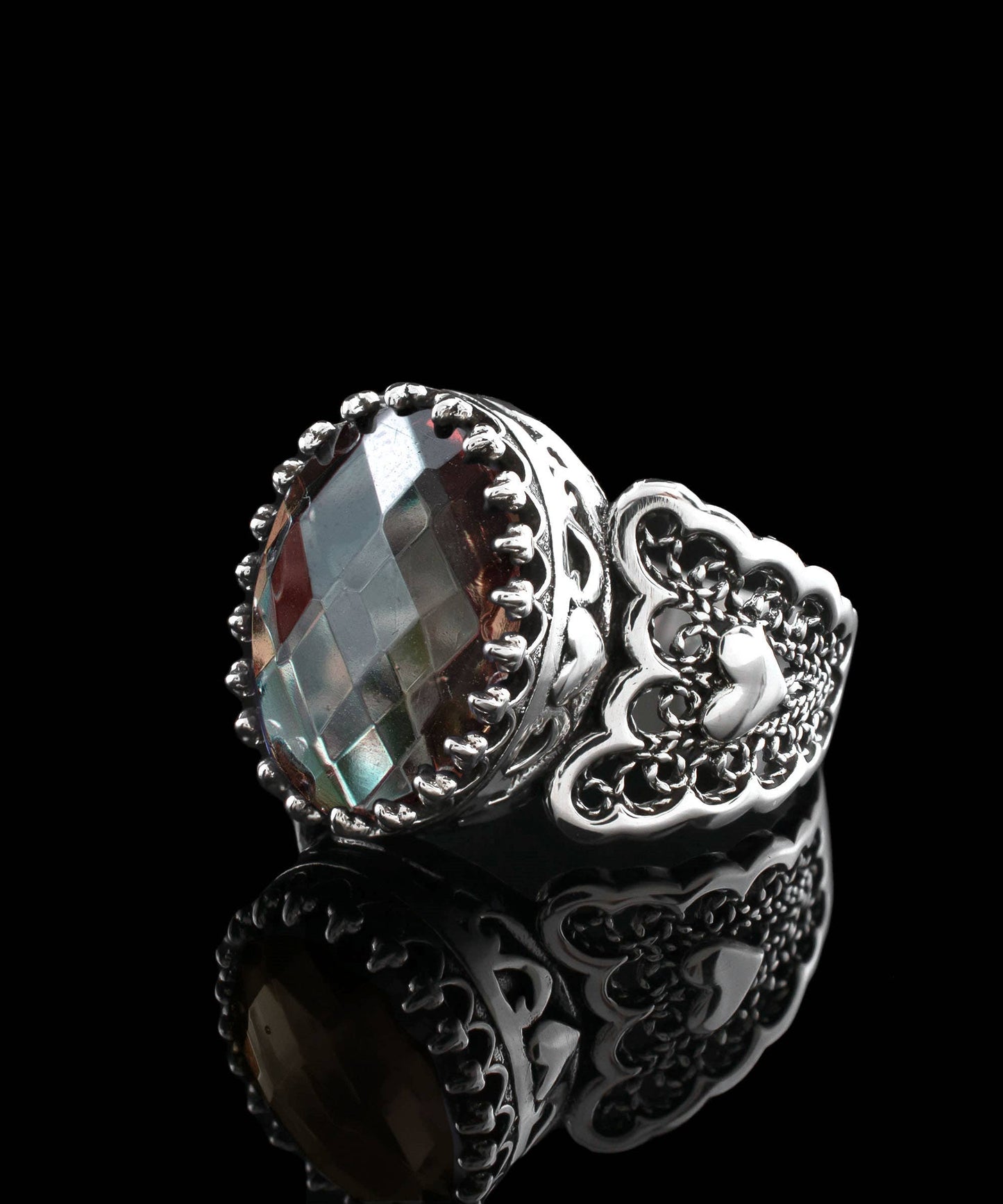 Filigree Art Double Heart Alexandrite Gemstone Silver Ring