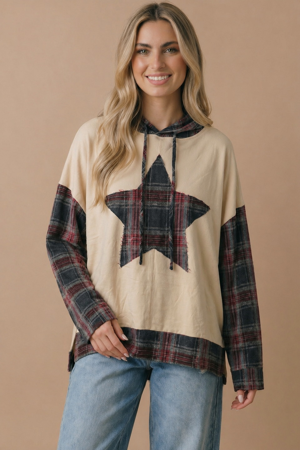 Plaid Star Patchwork Oversize Hoodie