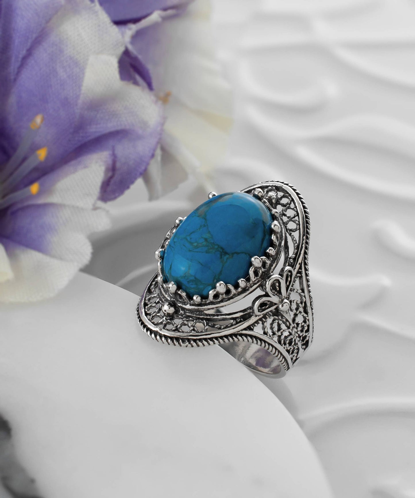 Filigree Art Turquoise Gemstone Sterling Silver Ring
