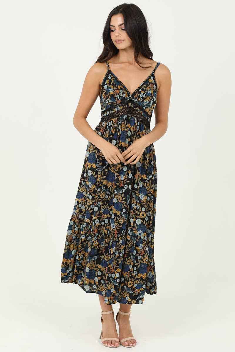 ANGIE - C4A54-A882 V NECK LACE TRIM MAXI DRESS