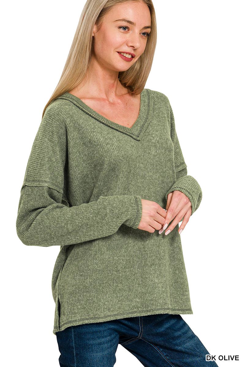 Ribbed V Neck Drop Shoulder Sweater - Threads Boutique