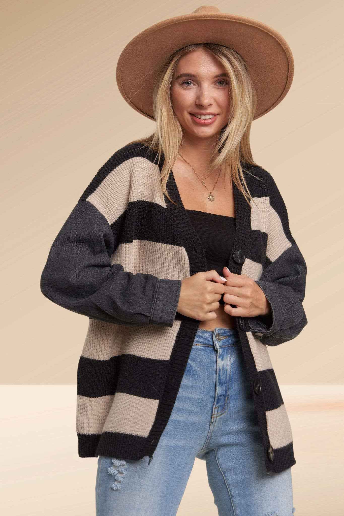 Madelyn - LESW3444A-DENIM SLEEVE STRIPE SWEATER CARDIGAN