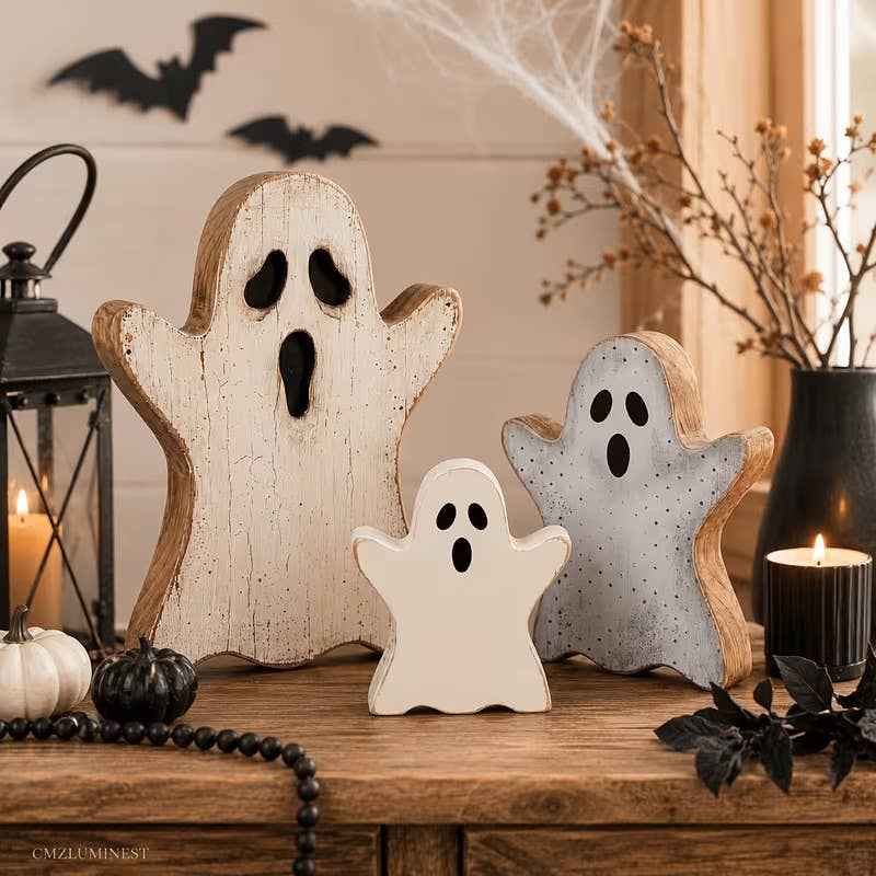 BOO Wooden Decor Set of 3 White Ghosts